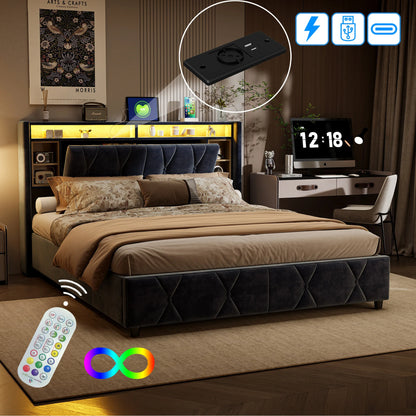 Tweepersoonsbed – Stoffen Bed – Opbergbed – Bedframe – Slaapbank – 160x200 cm – Grijze Veloursstoffering – USB Oplaadstation & Opbergruimte