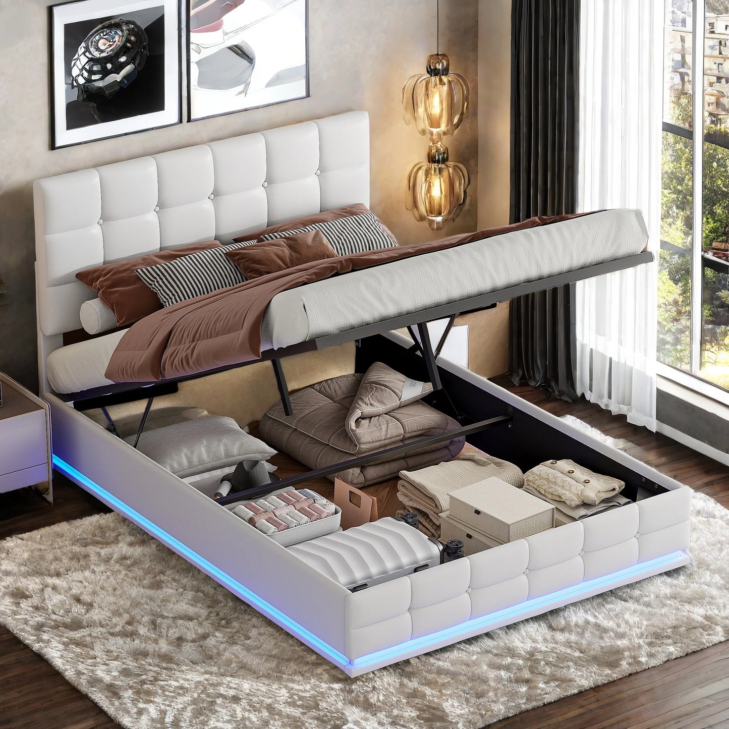 Gestoffeerd Bed – Kunstleren Bed – Opbergbed – Led Bed – Bed Met USB – Wit – 140x200 cm – Hydraulische Opbergruimte – Geïntegreerde LED-Verlichting