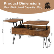 Adjustable Coffee Table with Double Lift Function – Rustic Brown – Hidden Storage – Metal V-Legs