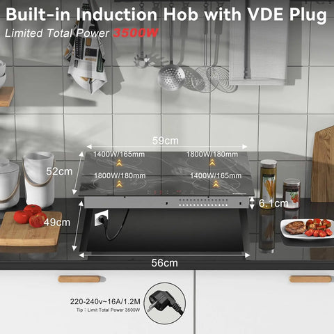 Induction hob - Induction Hob - Induction Cook Top - Induction Cooker - Electric Burner - Imet plug - 4 Zones - 60cm - Marble ceramic glass - 3500W - Touch Control - Timer - Safety lock - Black