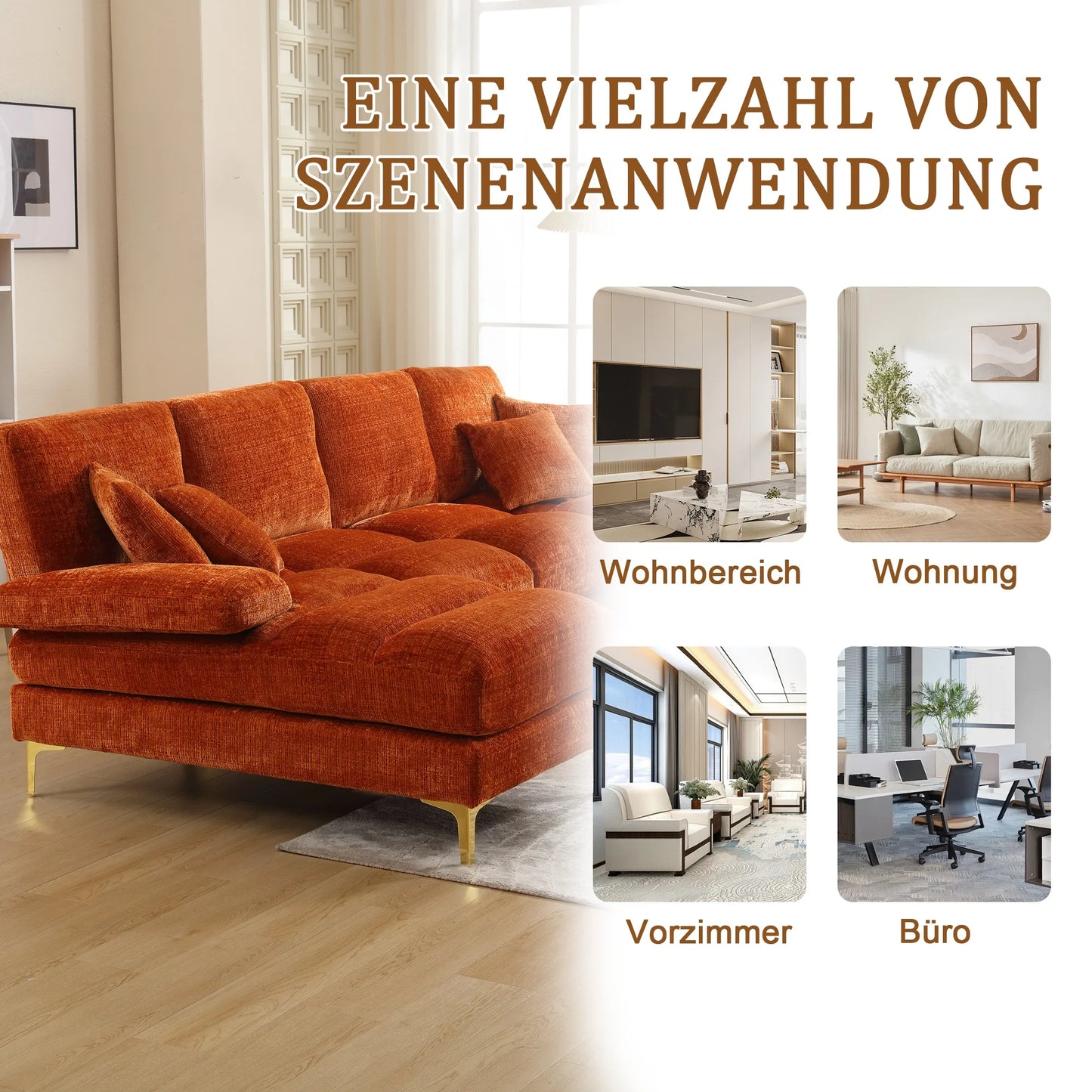 Hoekbank – U-Vormige Bank – Hoeksalon – Loungebank – Zitzetel – Oranje Chenille Stof – 272 cm Breed – Gouden Metalen Poten