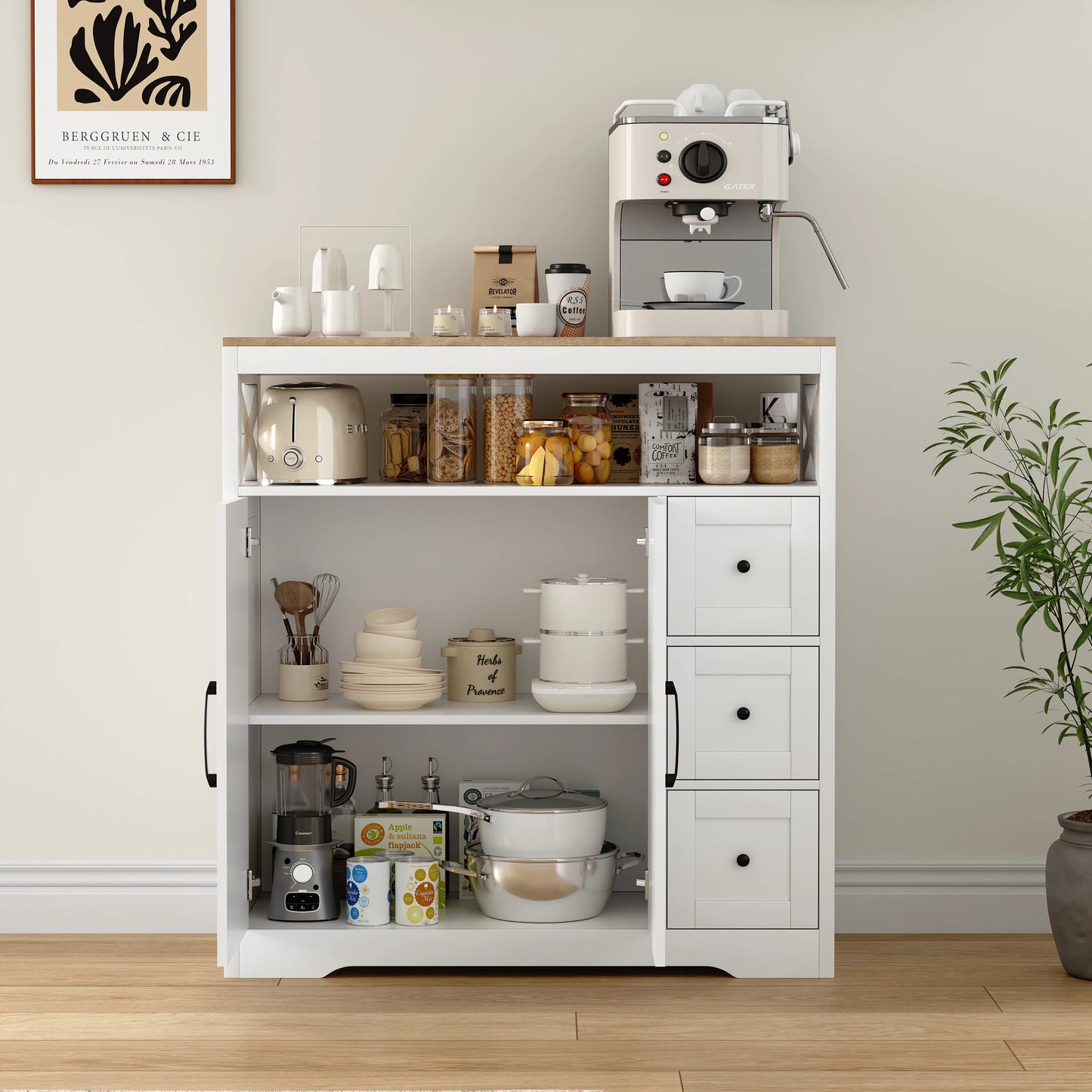 Houten Dressoir – Opbergkast – Sideboard – Kast – Ladekast – Wit Met Houtaccenten – 3 Laden & 2 Deuren – Compact 100x40x72,3 cm