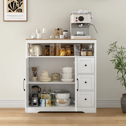 Houten Dressoir – Opbergkast – Sideboard – Kast – Ladekast – Wit Met Houtaccenten – 3 Laden & 2 Deuren – Compact 100x40x72,3 cm