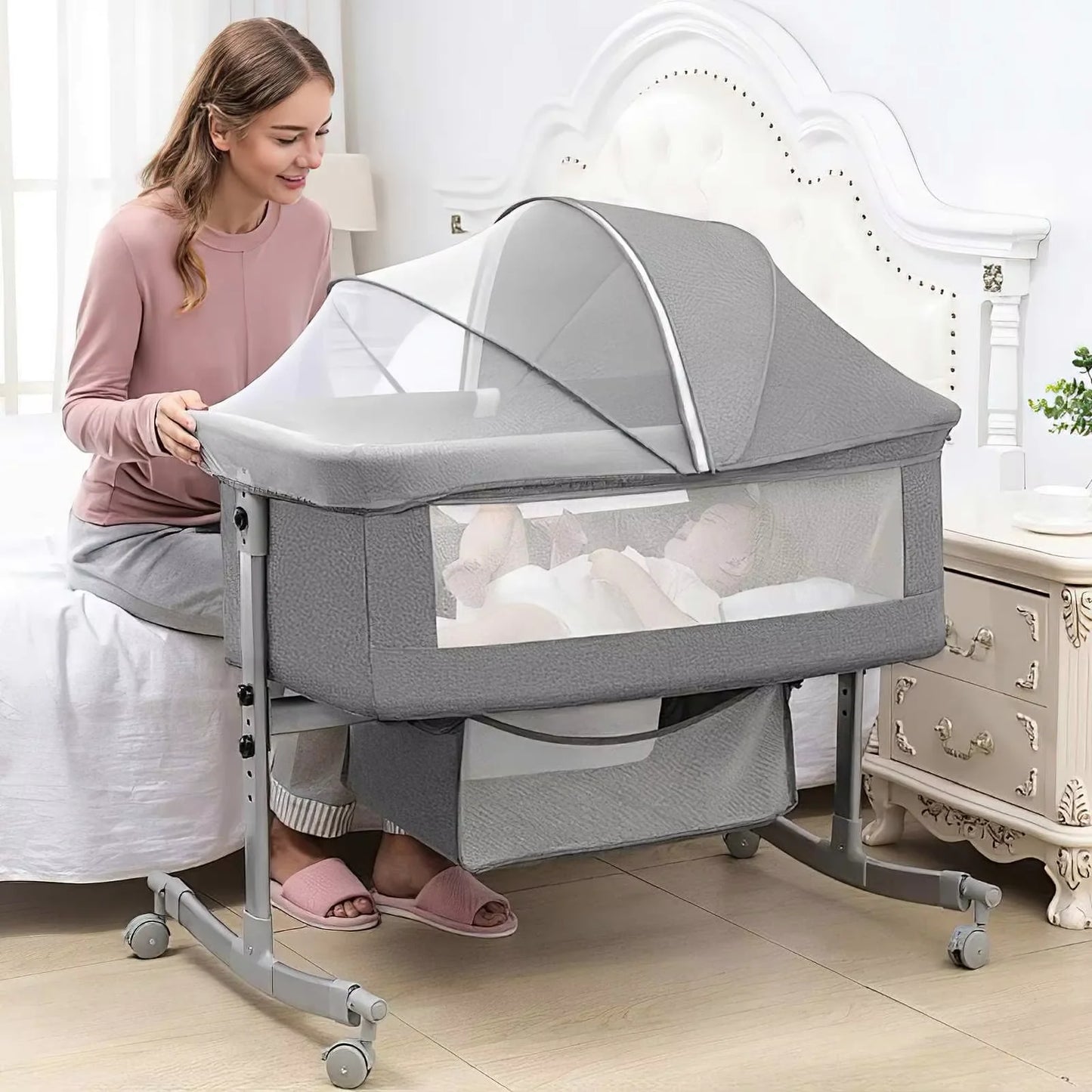 Elektrisch Babybed - Babybed - Babybedje - Wieg - Ledikant - Schommelbed - 3-in-1 - Verstelbare Hoogte - met Muskietennet -Wielen - App-besturing - Afstandsbediening - Grijs - Deluxe Editie