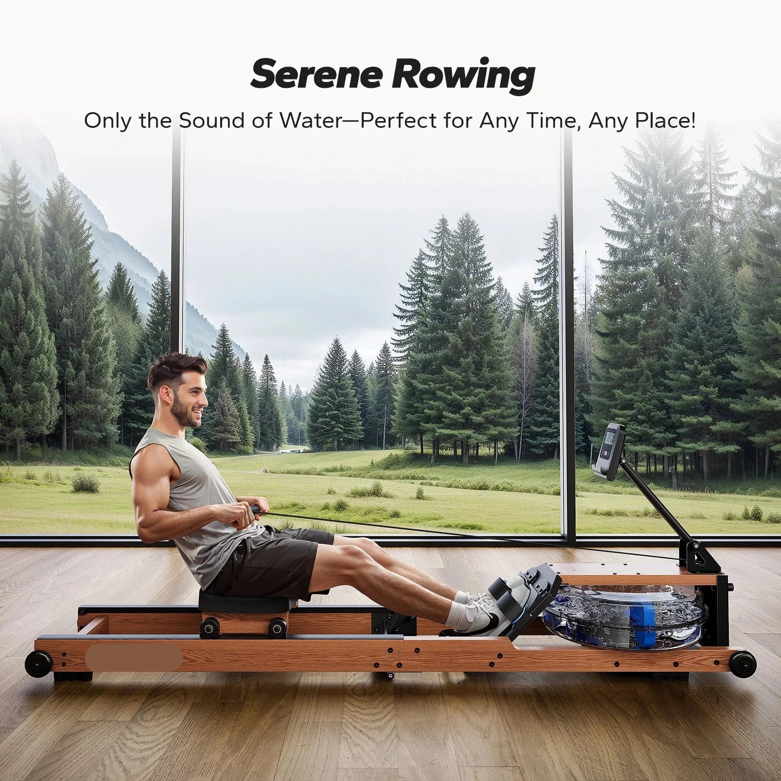Water Roeimachine - Roeimachine - Magnetische Roeitrainer - Roeiapparaat - Opvouwbare - met Bluetooth Monitor - Houten Frame - Ergonomisch Zitvlak - Max 181kg - 15L Watertank - Voor Thuisgebruik - Zwart - QUORE