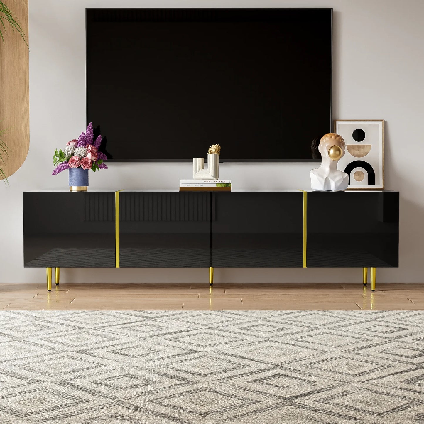 TV-kast – Mediameubel – TV-meubel – TV-dressoir – Zwarte TV-kast – Hoogglans Zwart Met Gouden Accenten – 4 Deuren Met Soft-Close Scharnieren