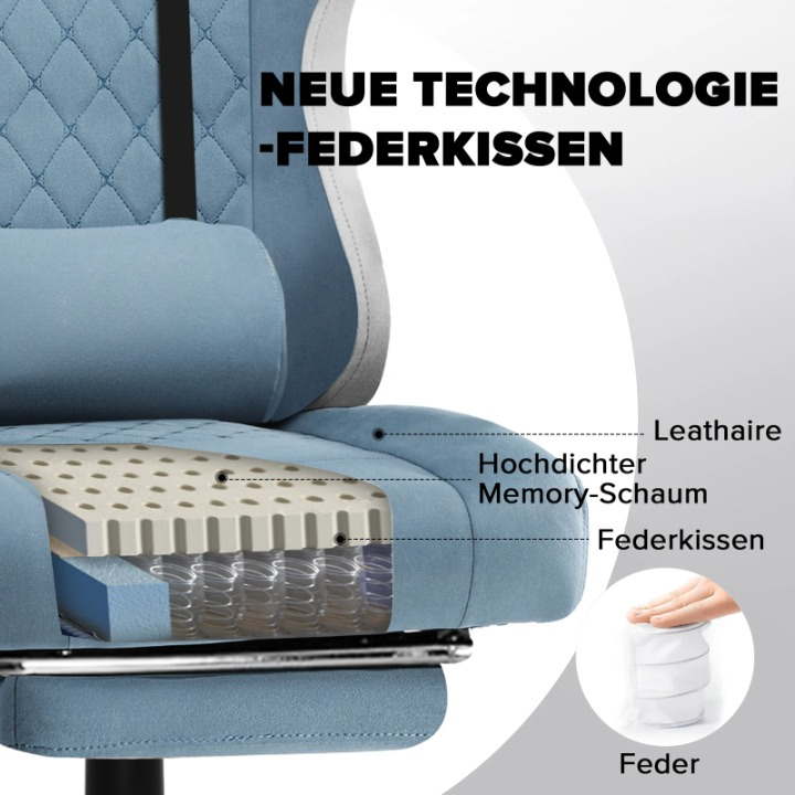 Gaming Stoel - Bureaustoel - Swivel Stoel - met Voetsteun - Hoofdsteun - Verstelbare - Rugleuning - Lendenkussen - Ergonomische - Draaibare - 55 x 50 x 130 cm - Lichtblauw - QUORE
