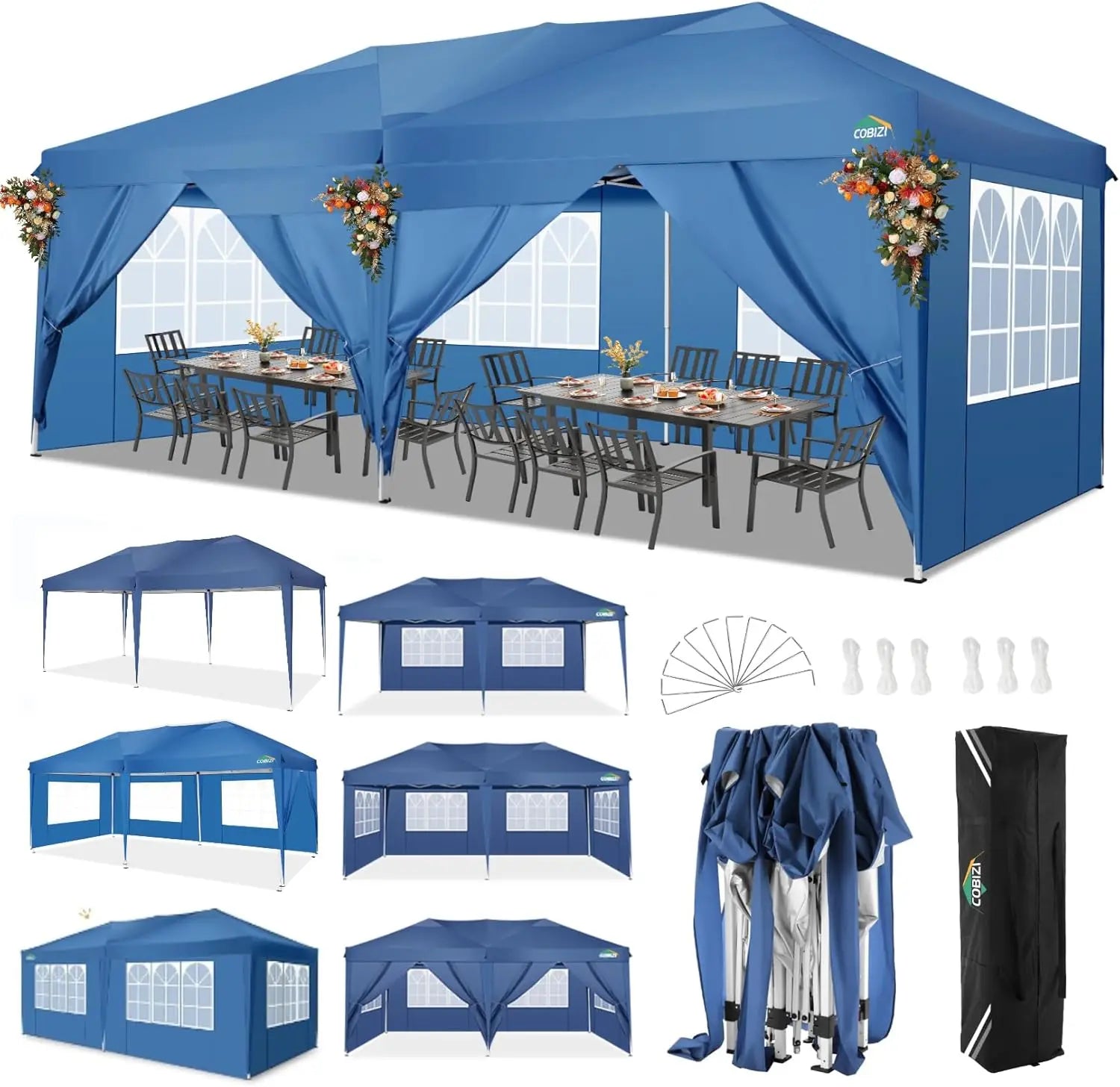 Partytent – Opvouwbaar Tuinhuisje – Buiten Tent – Schaduw Tent – 3x6 Meter – Waterdicht 210D Oxford – Verstelbare Hoogte - Blauw - QUORE