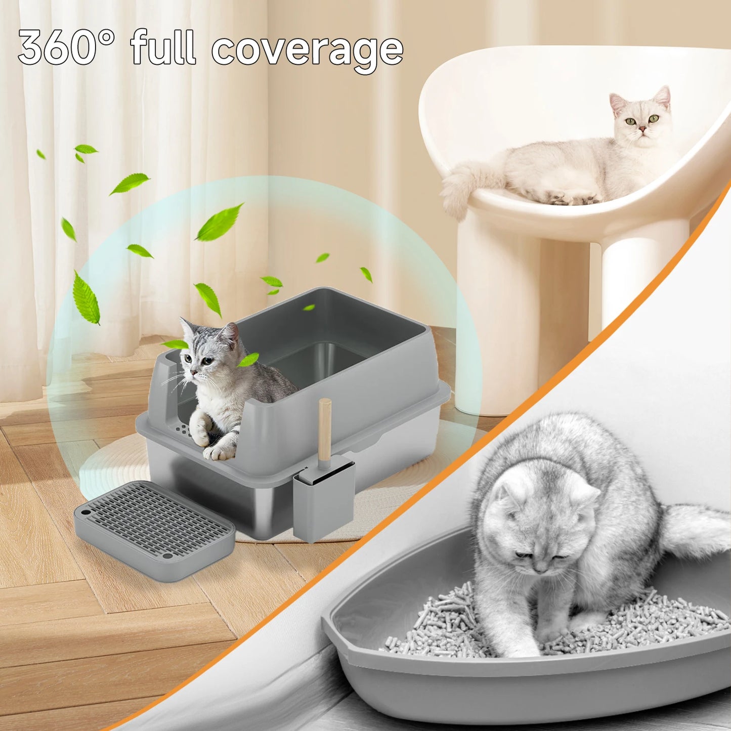 Kattenbak - Extra Grote - RVS - met Hoge Zijkanten - Open Type - Geurvrij en Duurzaam - Grote Katten - Meerdere Katten - Grijs