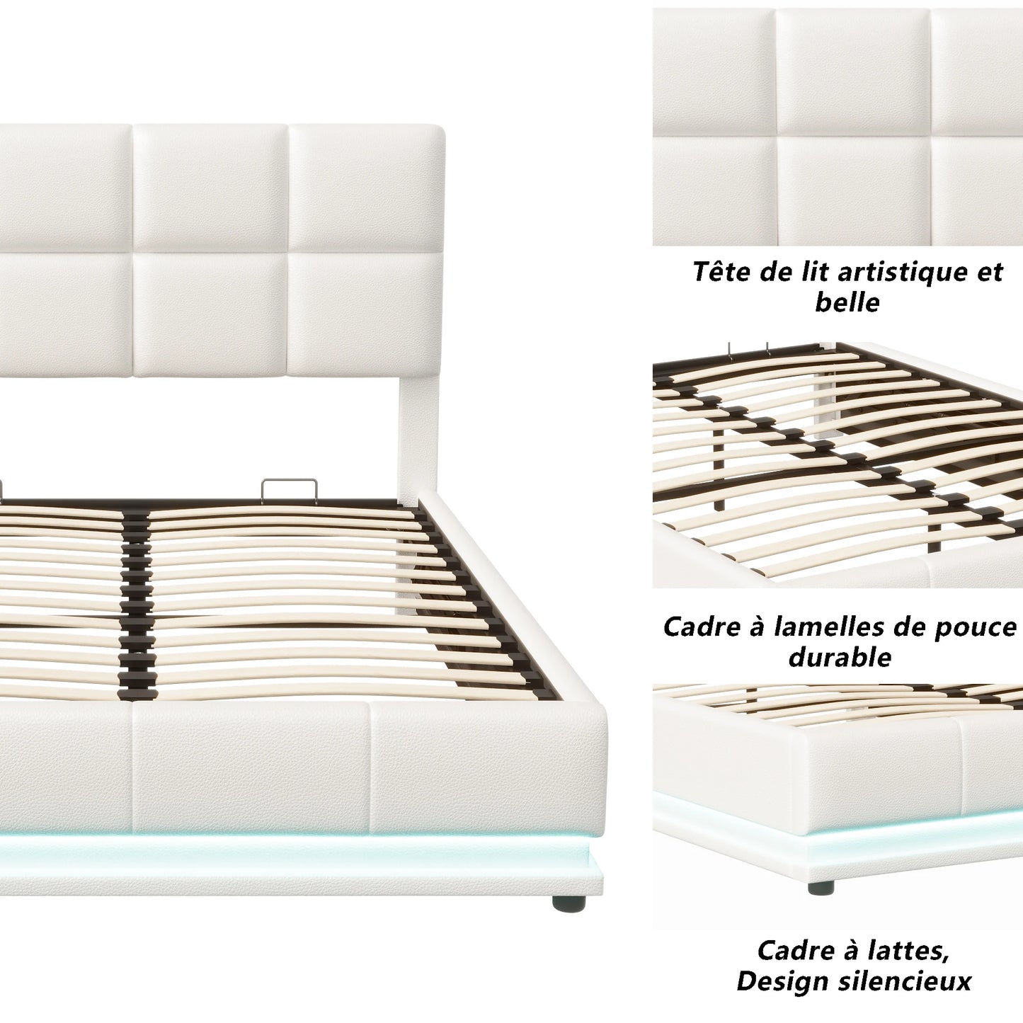 Tweepersoonsbed – Led Bed – Opbergbed – Modern Bed – Wit Gestoffeerd – 140x200 cm – Verstelbaar Hoofdbord – Hydraulische Opbergruimte