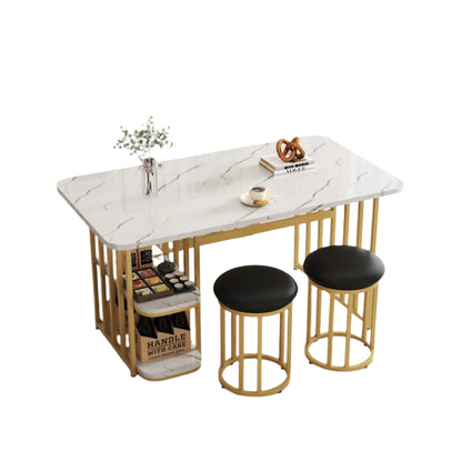 Eettafelset – Eettafel Met Opbergruimte – Tafel Met Stoelen – Witte Tafel – Gouden Poten – 140x80x75 Cm – Metalen Onderstel