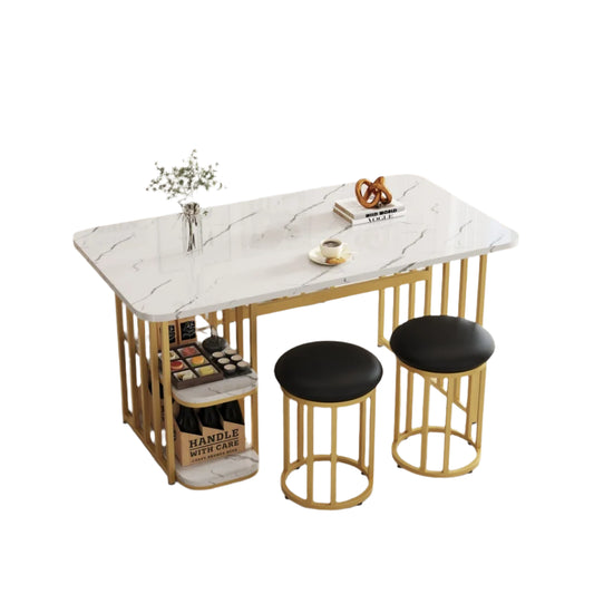 Eettafelset – Eettafel Met Opbergruimte – Tafel Met Stoelen – Witte Tafel – Gouden Poten – 140x80x75 Cm – Metalen Onderstel