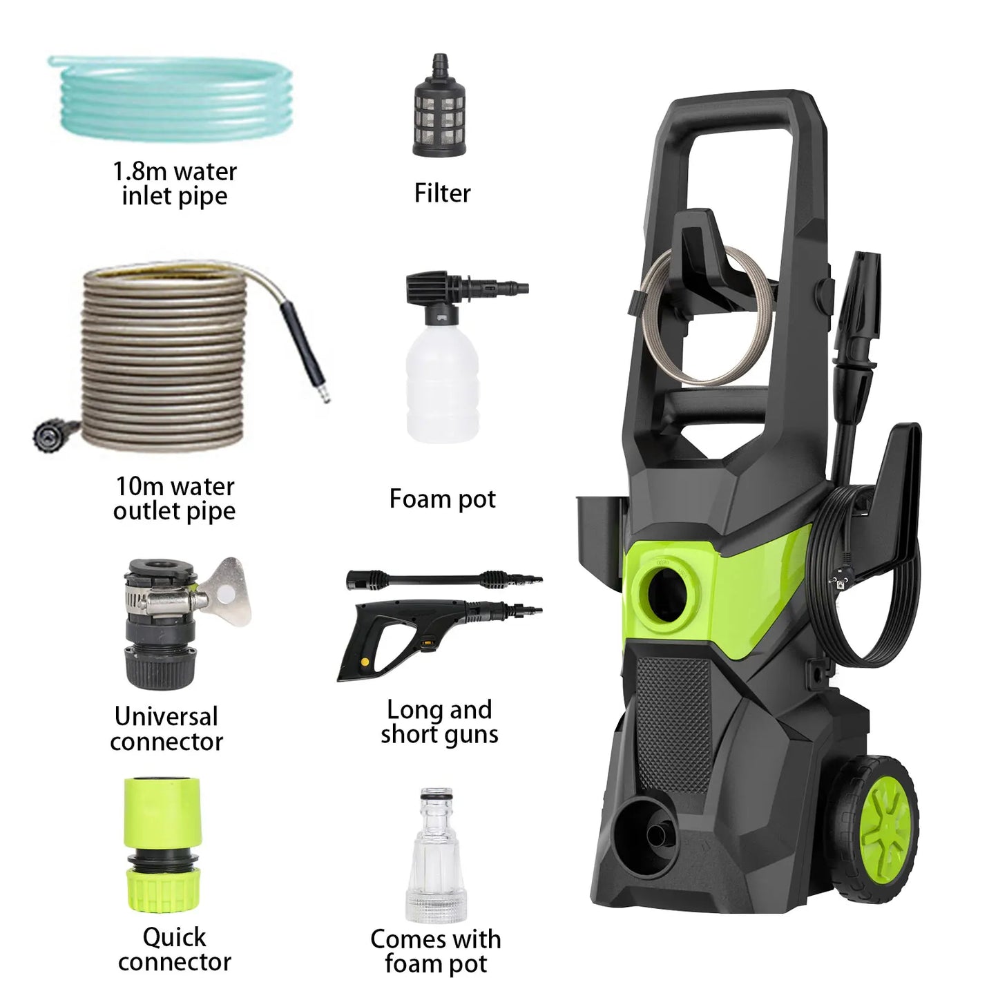 Elektrische Hogedrukreiniger – Drukspuit – Waterreiniger – Schoonmaakspuit – Hoogdrukreiniger – 1500W Vermogen – 135 Bar Waterdruk – 560 L/uur Waterflow – Instelbare Lance 0-160° – Groen Variant