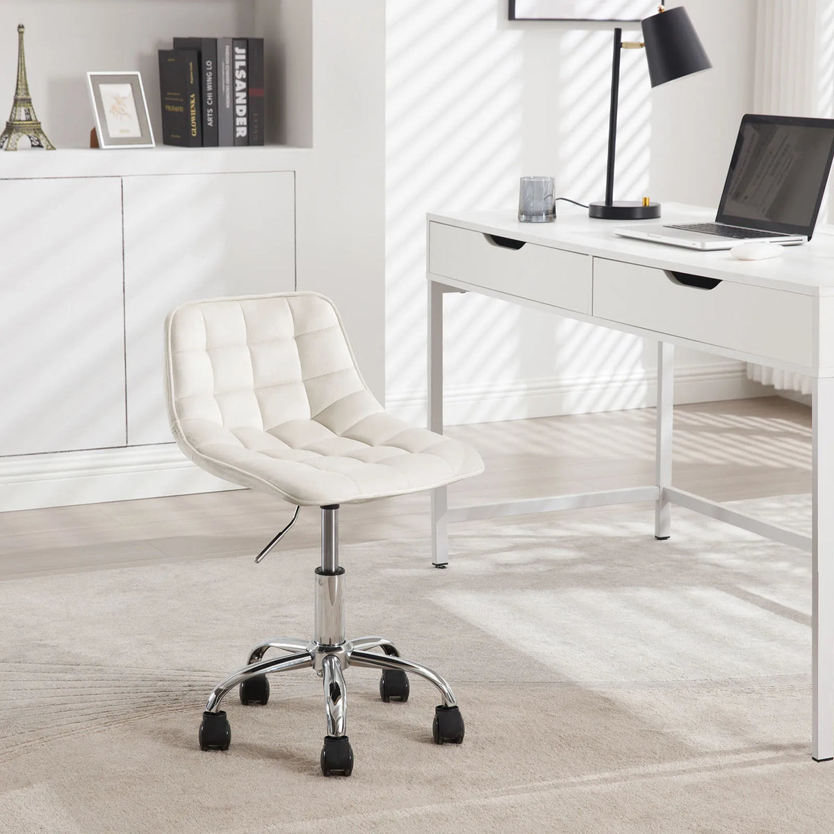 Stoel - Bureaustoel - Eetkamerstoelen - Verstelbare Hoogte - Comfortabele - Rugleuning - 360° Rotatie - Kantoor - Make-up - Crème Fluweel