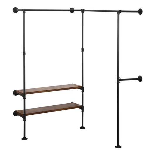 Kledingrek - Kledingroede - Kledingrek metaal - Wandgemonteerd - 2 Opbergen Vintage Industrieel Kledingkast - voor Slaapkamer - Garderobe Home - 130.5x187x130.5cm - Totale Belasting Capaciteit 150kg - Zwart - QUORE