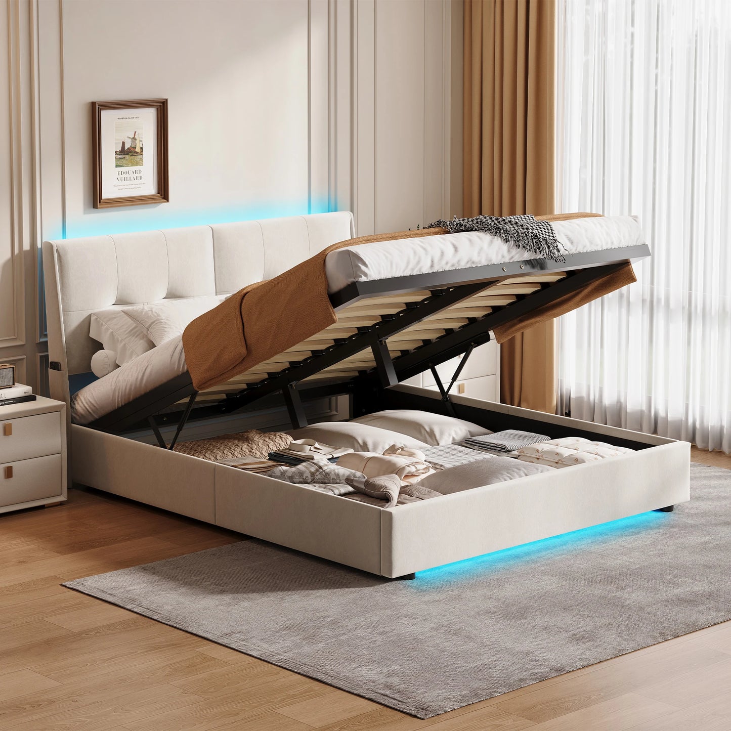 Led-bed – Gestoffeerd Bed – Tweepersoonsbed – Opbergbed – Lattenbodem – 140x200 cm – Met LED-verlichting en Opbergruimte