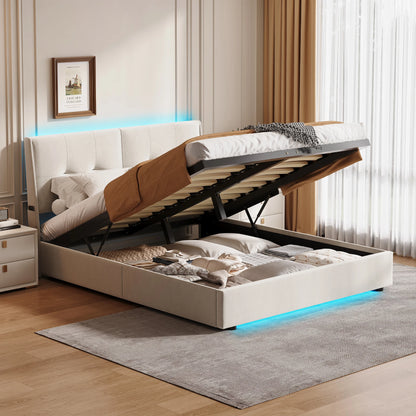Led-bed – Gestoffeerd Bed – Tweepersoonsbed – Opbergbed – Lattenbodem – 140x200 cm – Met LED-verlichting en Opbergruimte