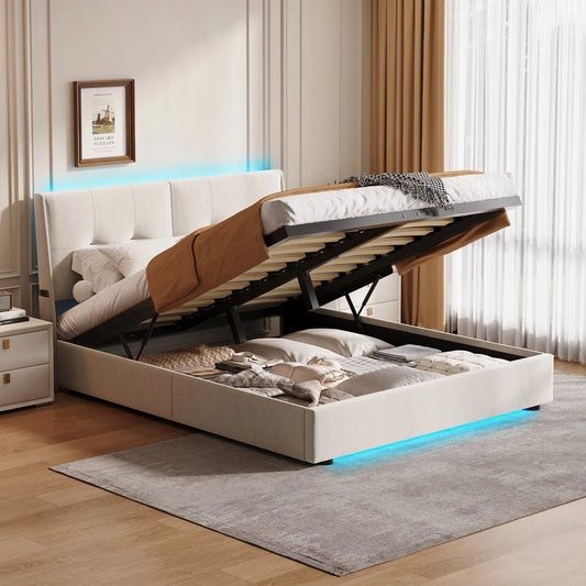Led-bed – Gestoffeerd Bed – Tweepersoonsbed – Opbergbed – Lattenbodem – 140x200 cm – Met LED-verlichting en Opbergruimte