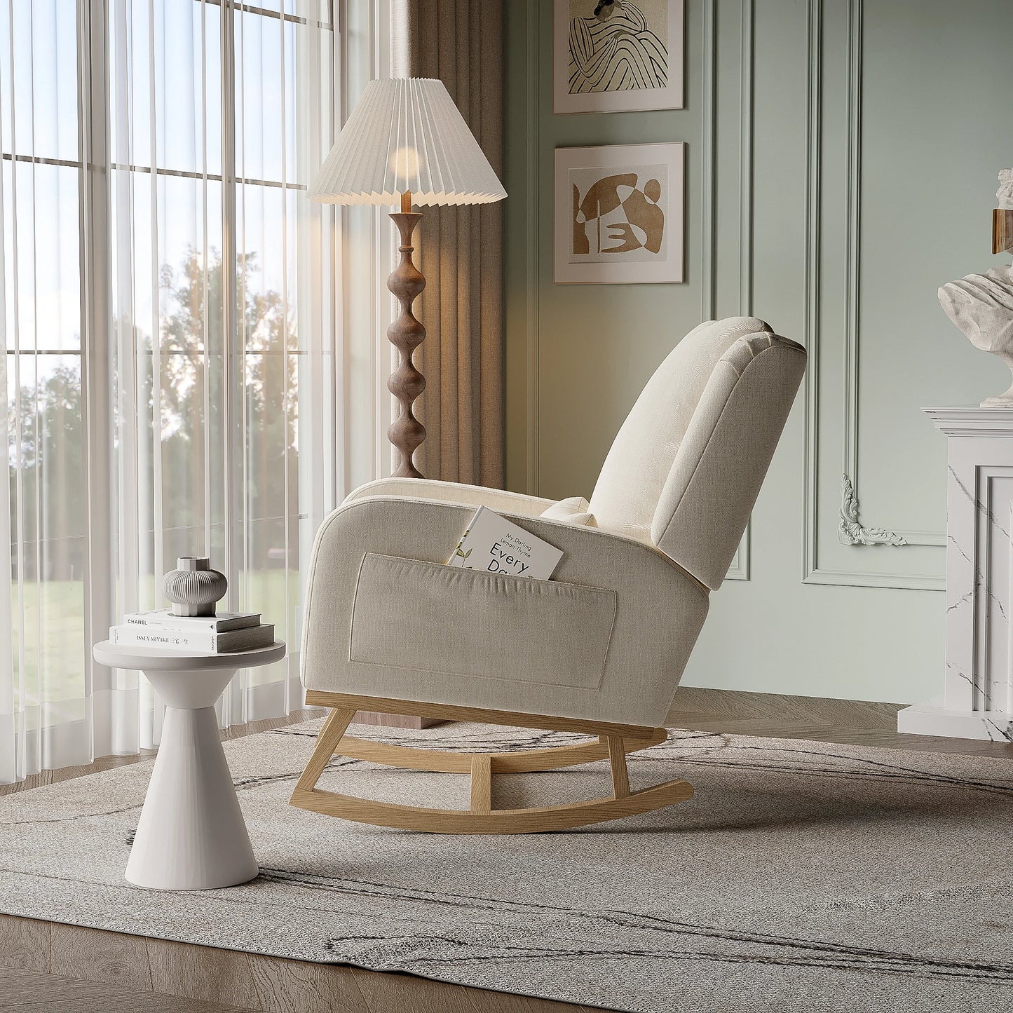 Schommelstoel – Schommelstoel Met Kussen – Relaxstoel – Woonkamerstoel – Linnen Stoel Beige – Comfortabele Dikke Rugleuning – Zachte Teddy Fleece Bekleding - QUORE
