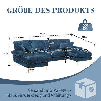 Hoeksalonbank – Hoekbank – U-vormige Bank – Loungesofa – Zitbank – Blauw – Hoogwaardig Chenille – Verstelbare Ligposities