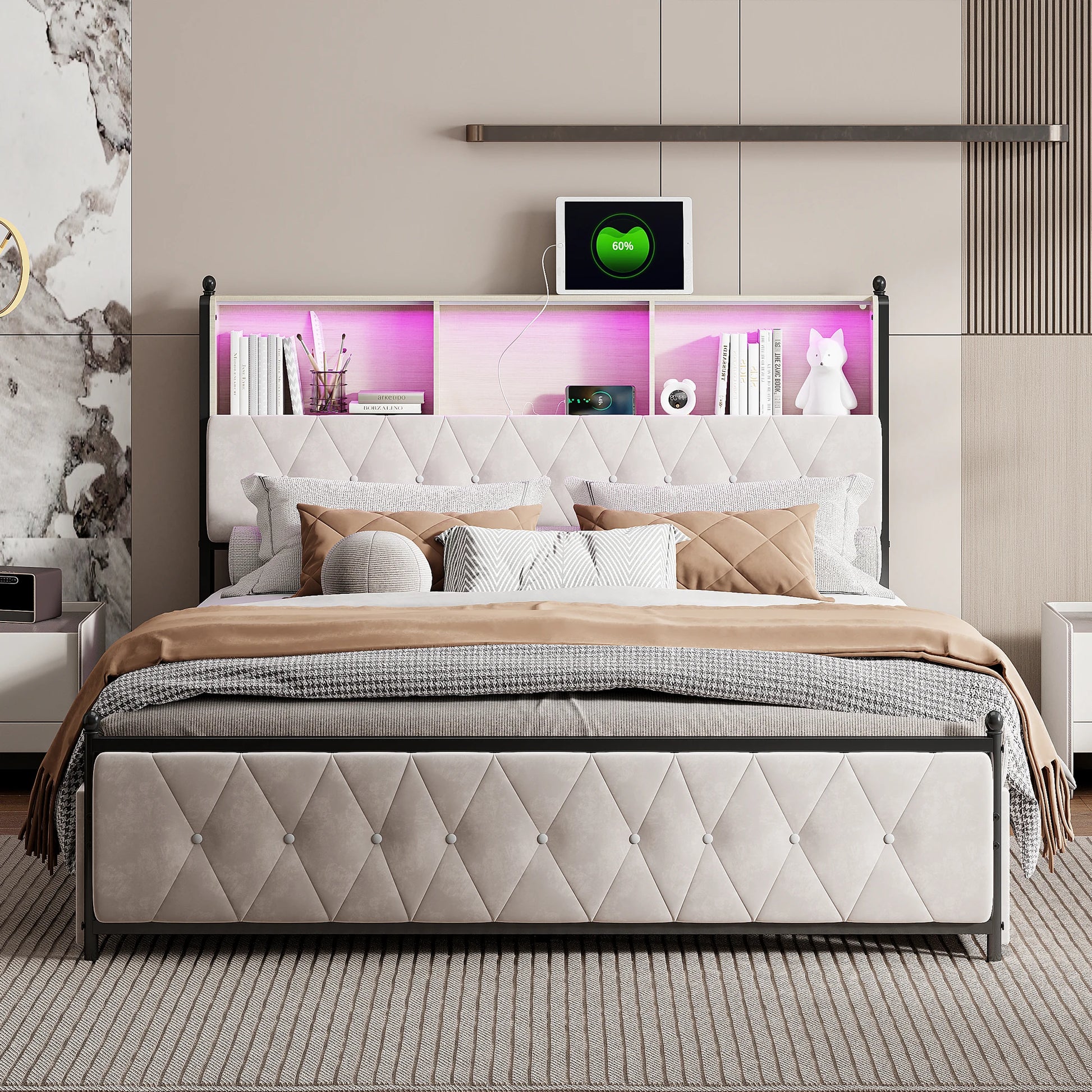 Bedframe – Gestoffeerd Bed – Tweepersoonsbed – Opbergbed – Slaapmeubel – 140x200 cm – Vier Laden – Hoofdbord Met Opbergruimte - QUORE