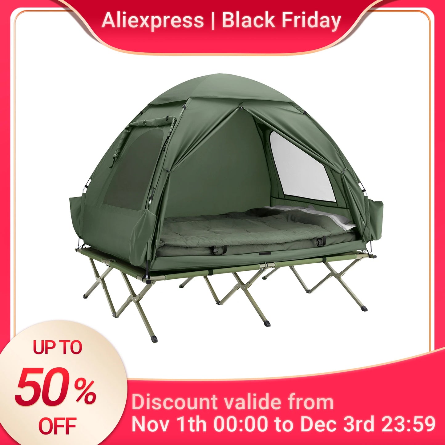 Kampeerpakket 4-in-1 – Tent – Campingbed – Luchtmatras – Slaapzak – Voor 2 Personen – Waterdicht Polyester – Stevig Metalen Frame - QUORE