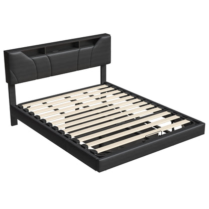 Led Bed – Gestoffeerd Bed – Opbergbed – Tweepersoonsbed – Bedframe – 160x200 cm – Pneumatisch Hefmechanisme – USB-C Oplaadpoort - QUORE