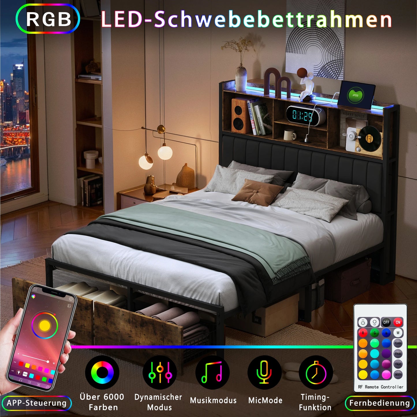 Dubbel Bedframe – 2-Persoonsbed – Stalen Bed – Opbergbed – Slaapkamerbed – 160x200 cm – LED Hoofdbord – USB Oplaadpunt – Zwarte PU Bekleding