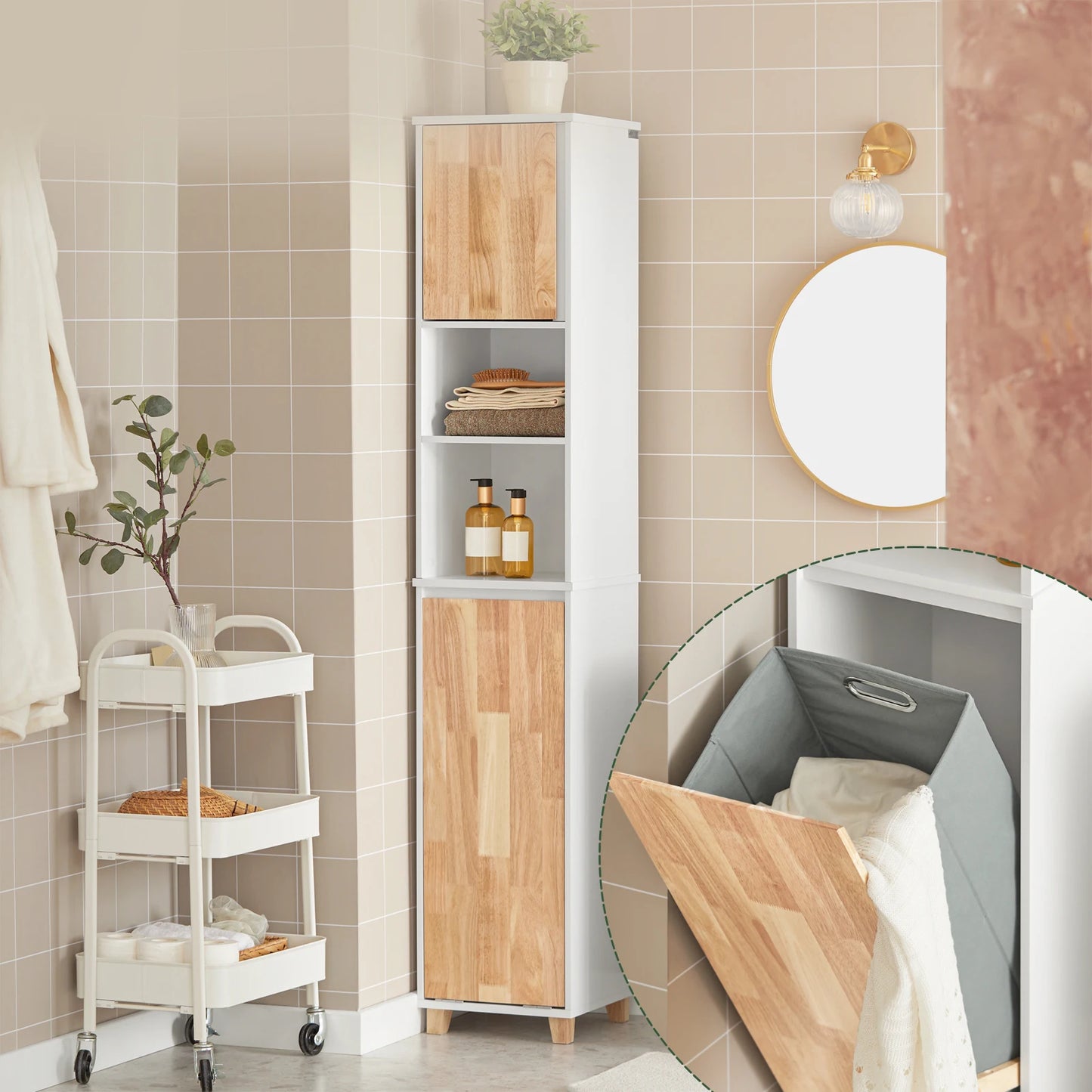 Hoge Badkamerkast – Badkamermeubel – Opbergkast – Wasmandkast – Waskast – Wit-Natuur – Inklapbare Wasmand – Stevige Rubberhouten Poten - QUORE