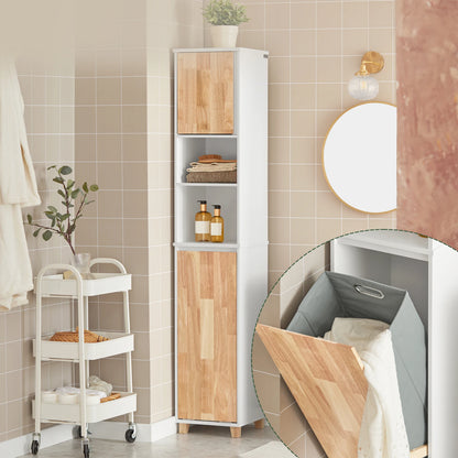 Hoge Badkamerkast – Badkamermeubel – Opbergkast – Wasmandkast – Waskast – Wit-Natuur – Inklapbare Wasmand – Stevige Rubberhouten Poten - QUORE