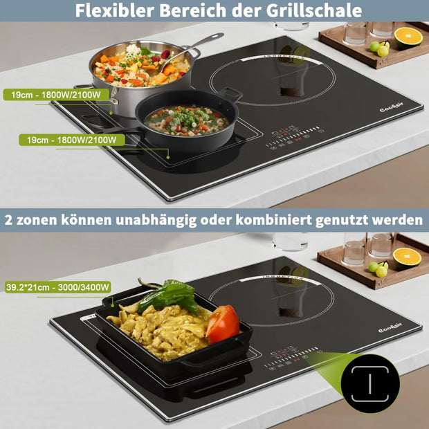 Inductie kookplaat - Induction Hob - Induction Cook Top - Inductie Fornuis - Elektrische Brander - Inductiekookplaat met frame - 60 cm - 3 platen - 6800W - Flexzone voor grill - Schuifbediening - Touch Control - Kinderbeveiliging - Zwart