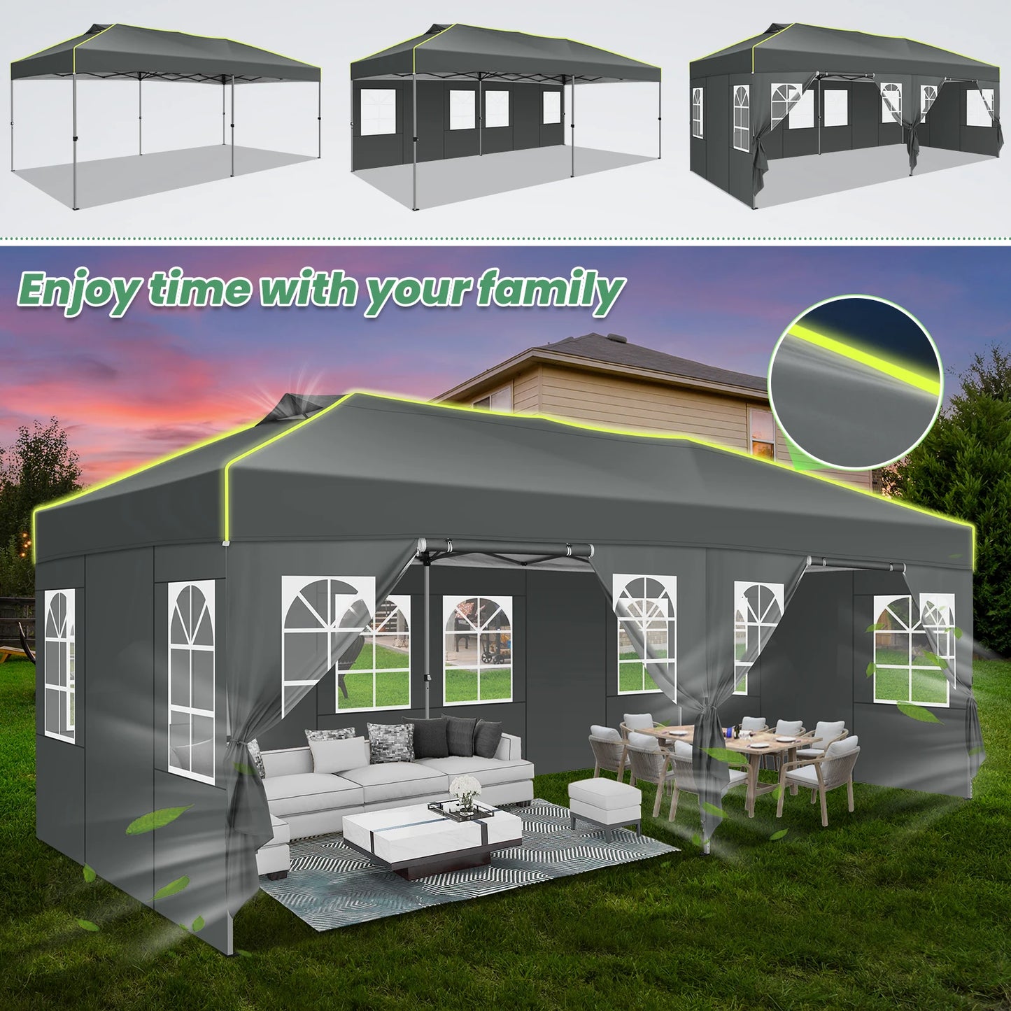 Tuinpaviljoen – Partytent – Prijstent – Inklapbare Feesttent – Tuinkamer – Overkapping – Waterdicht 210D Oxford Materiaal – UPF 50+ UV Bescherming - 3x6m - Grijs - QUORE