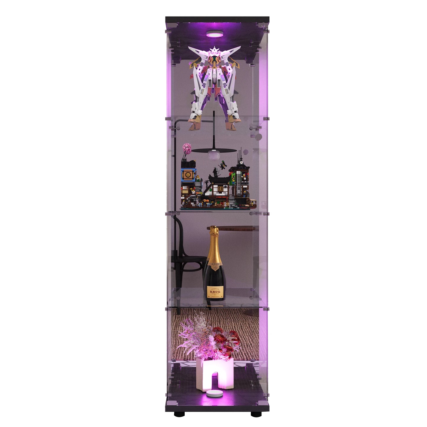 Vitrinekast – Glazen Kast – Displaykast – Glazen Vitrine – Zwarte Houten Kast – 4 Verstelbare Glazen Planken – Ingebouwde LED-Verlichting