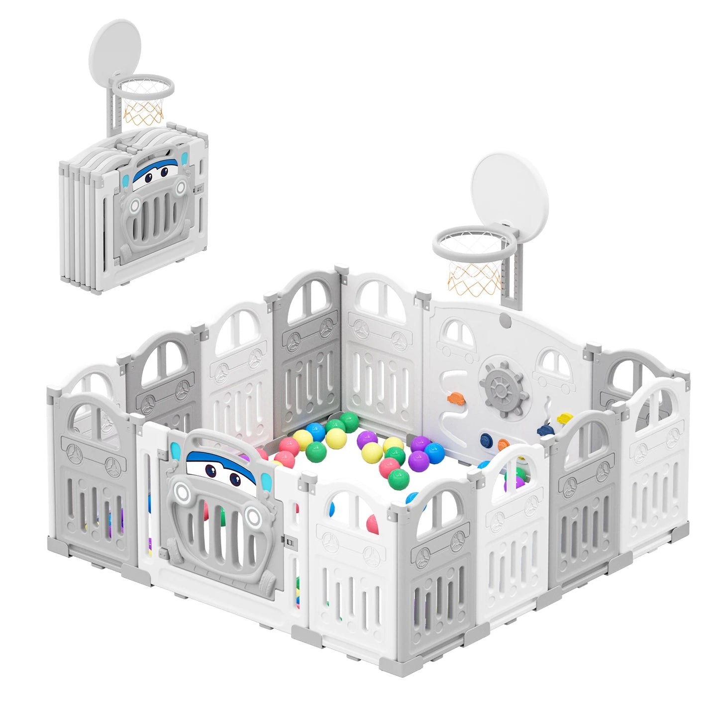 Baby Speelbox - Box Baby - Kinderbox - Metalen Speelbox - Opvouwbare - met Basketbalring - Inclusief Activiteitenwand en Sensorisch Speelgoed - Voor 7 Maanden tot 6 Jaar - Grijs-wit - QUORE