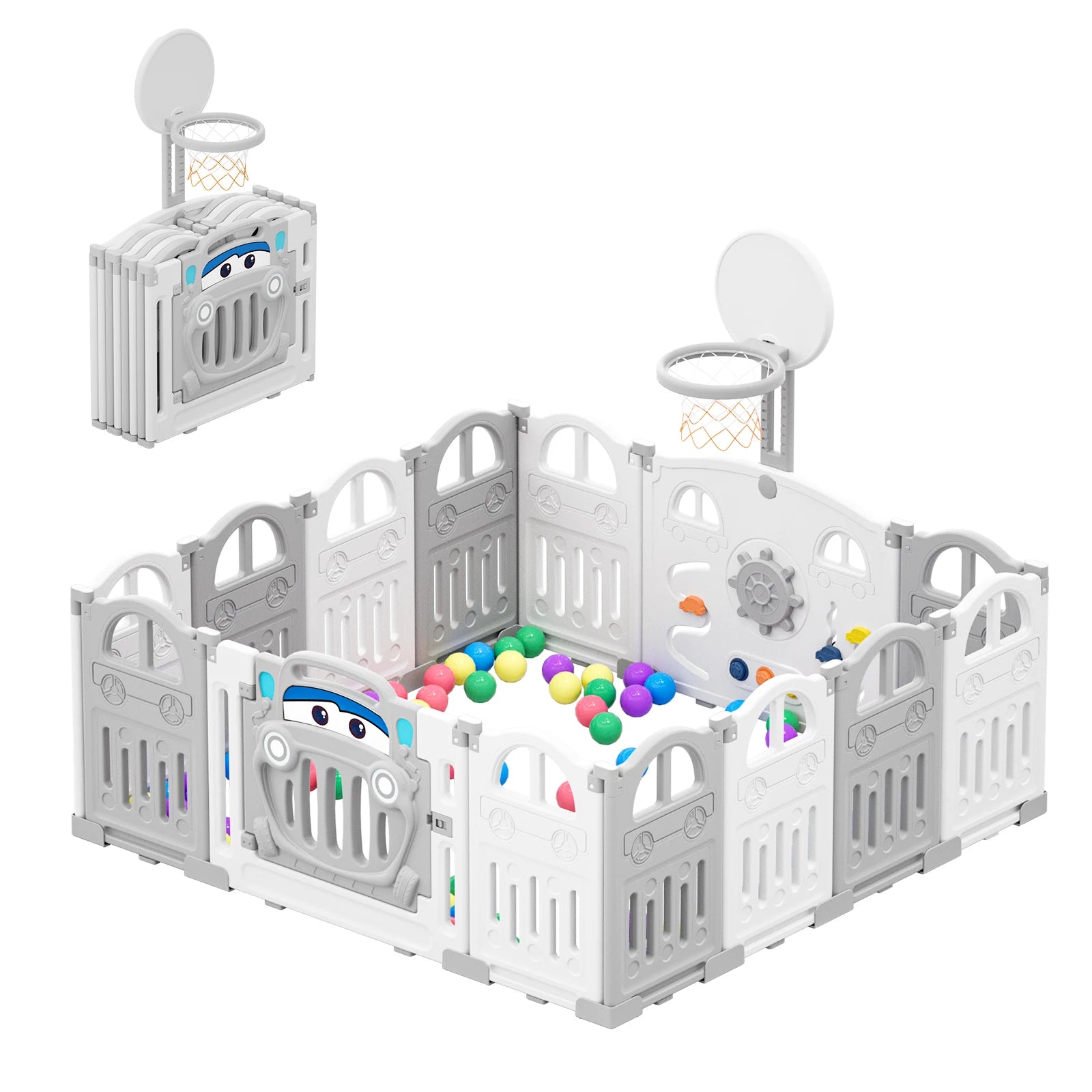 Baby Speelbox - Box Baby - Kinderbox - Metalen Speelbox - Opvouwbare - met Basketbalring - Inclusief Activiteitenwand en Sensorisch Speelgoed - Voor 7 Maanden tot 6 Jaar - Grijs-wit - QUORE