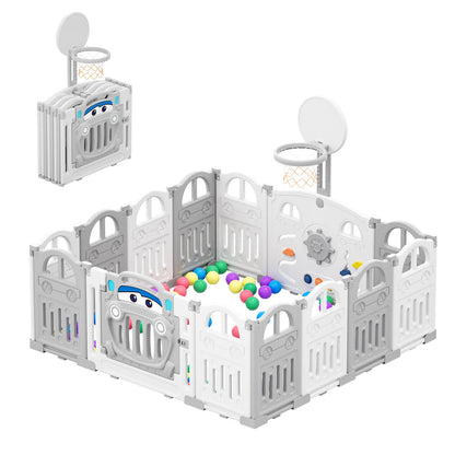 Baby Speelbox - Box Baby - Kinderbox - Metalen Speelbox - Opvouwbare - met Basketbalring - Inclusief Activiteitenwand en Sensorisch Speelgoed - Voor 7 Maanden tot 6 Jaar - Grijs-wit - QUORE