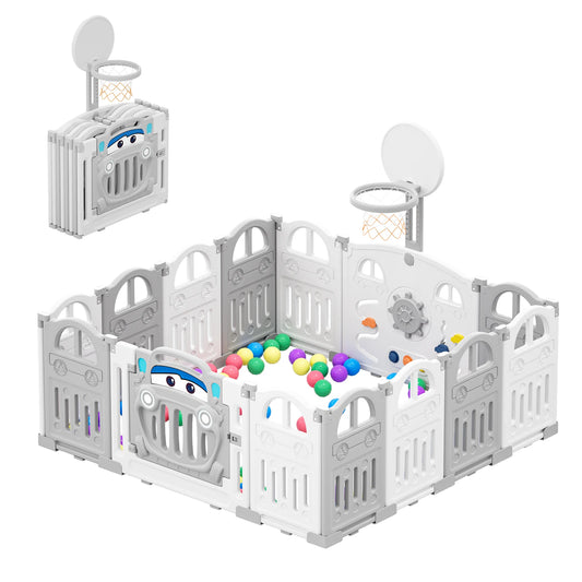 Baby Speelbox - Box Baby - Kinderbox - Metalen Speelbox - Opvouwbare - met Basketbalring - Inclusief Activiteitenwand en Sensorisch Speelgoed - Voor 7 Maanden tot 6 Jaar - Grijs-wit - QUORE