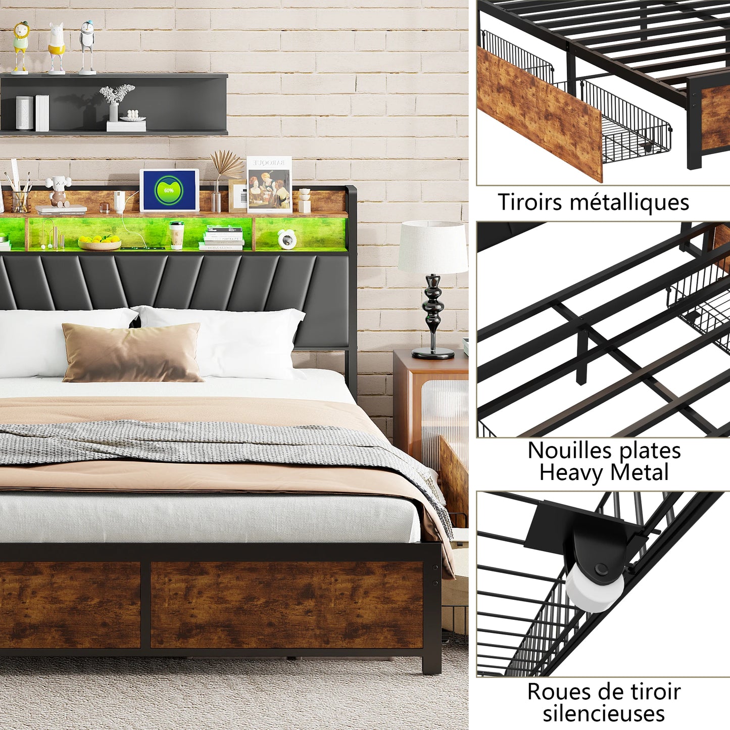 Tweepersoonsbed – Bedframe – Opbergbed – Ladebed – Stalen Bed – 140x200 cm – Met 4 Lades – Met Metalen Lattenbodem