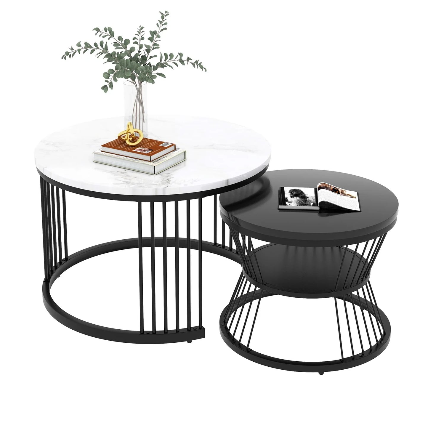 Salontafel - Bijzettafels – Tafelset – Bijzettafel – Metalen Frame – MDF Marmerprint – Twee Formaten