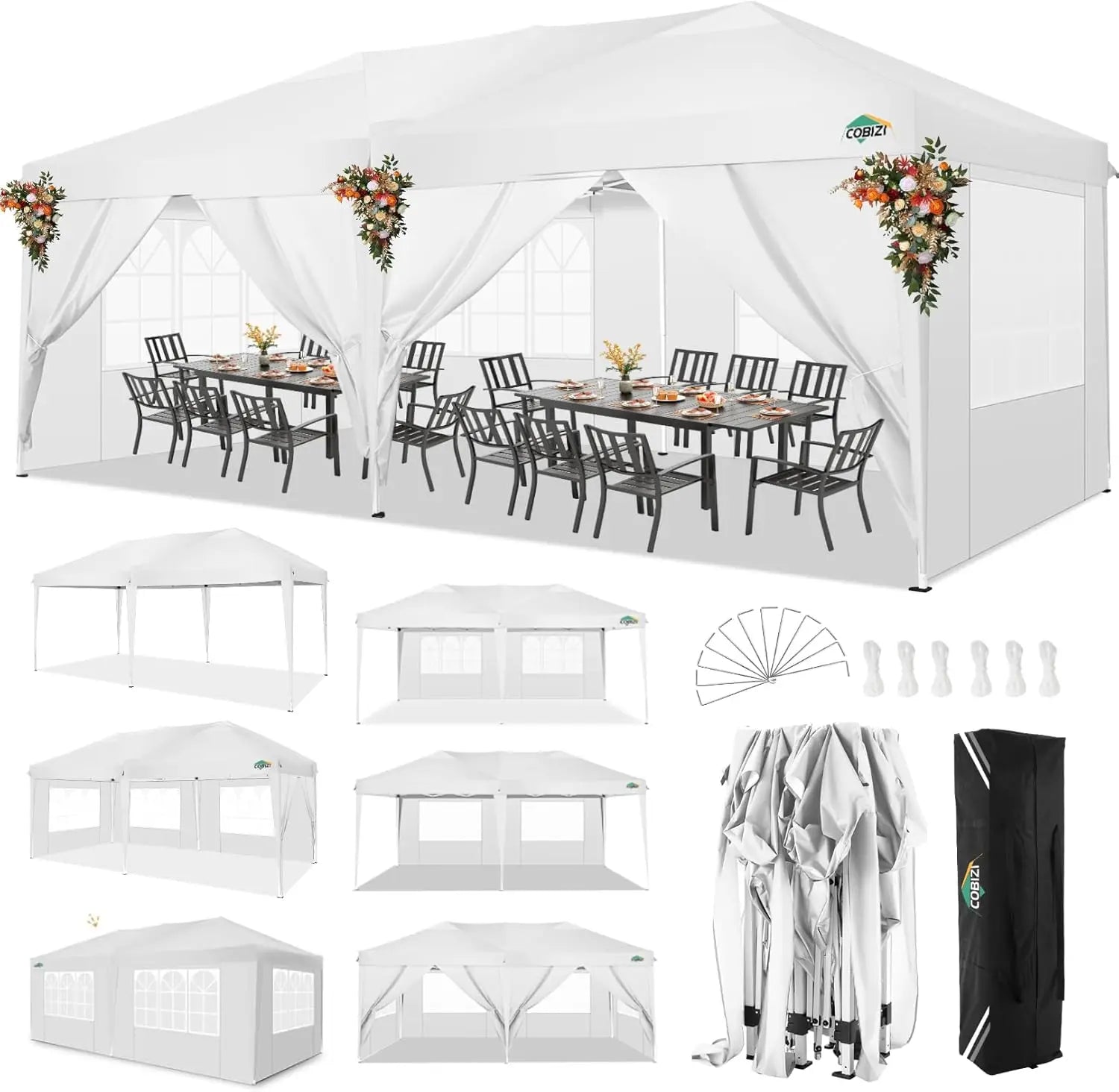 Partytent – Opvouwbaar Tuinhuisje – Buiten Tent – Schaduw Tent – 3x6 Meter – Waterdicht 210D Oxford – Verstelbare Hoogte - Wit - QUORE
