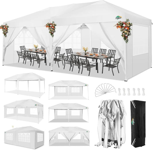 Partytent – Opvouwbaar Tuinhuisje – Buiten Tent – Schaduw Tent – 3x6 Meter – Waterdicht 210D Oxford – Verstelbare Hoogte - Wit - QUORE