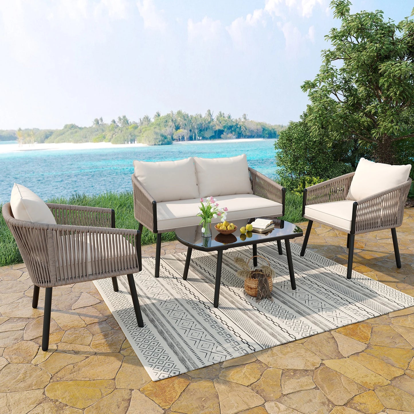Tuinmeubelset – Loungeset – Tuinbank – Loungestoelen – Salontafel – Gegalvaniseerd Stalen Frame – Weerbestendig Touw - Beige