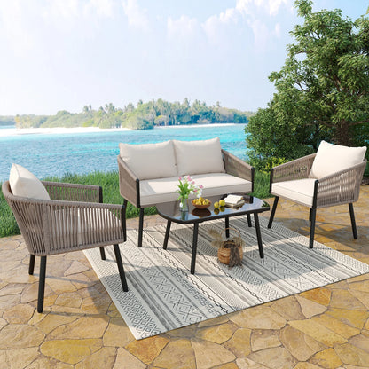 Tuinmeubelset – Loungeset – Tuinbank – Loungestoelen – Salontafel – Gegalvaniseerd Stalen Frame – Weerbestendig Touw - Beige