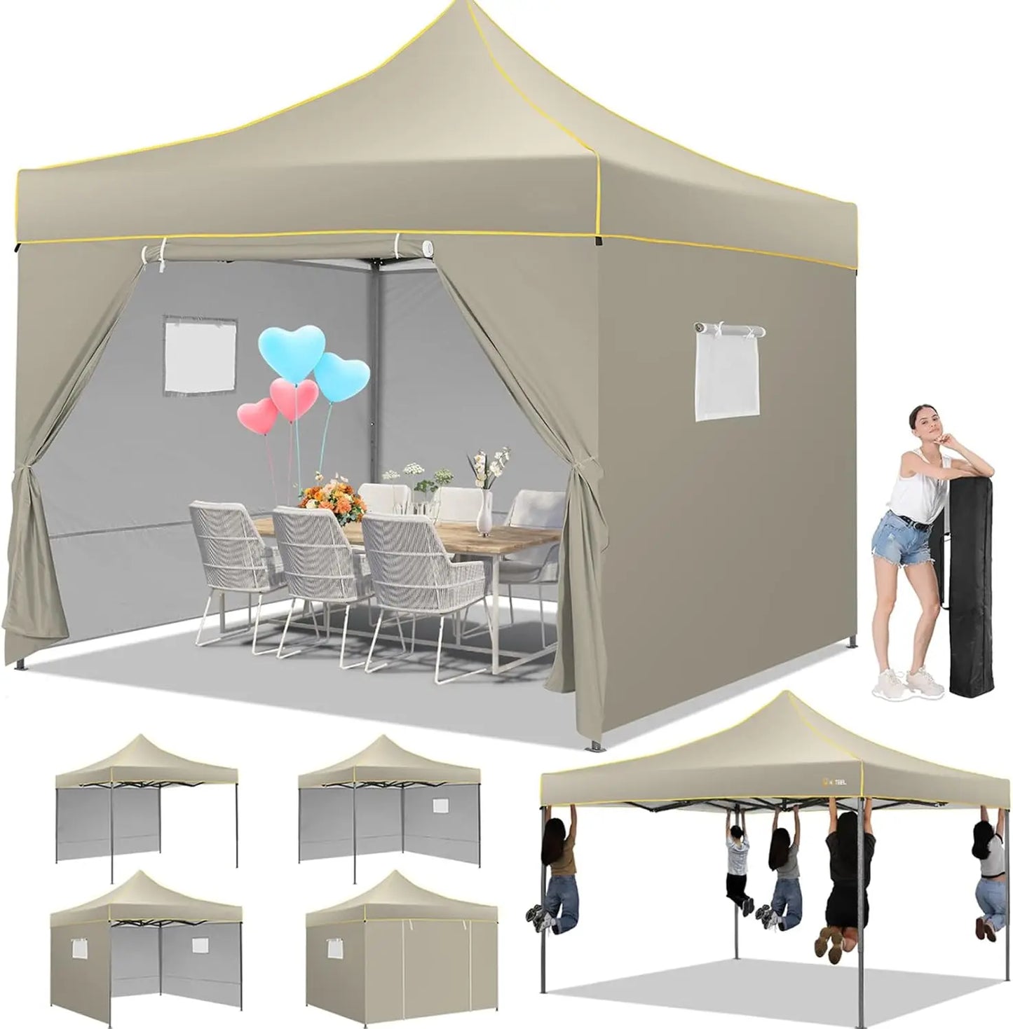 3x3m Pop-Up Partytent – Tuinentent – Evenemententent – Marktstandtent – Campingtent – Waterdicht 410D Oxford – Roestbestendig Frame - Khaki