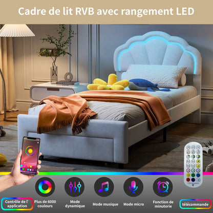 kinderbed – eenpersoonsbed – vloerbed – peuterbed – bedframe – 90x200 cm – fluwelen bekleding – geïntegreerde LED verlichting – opberglade