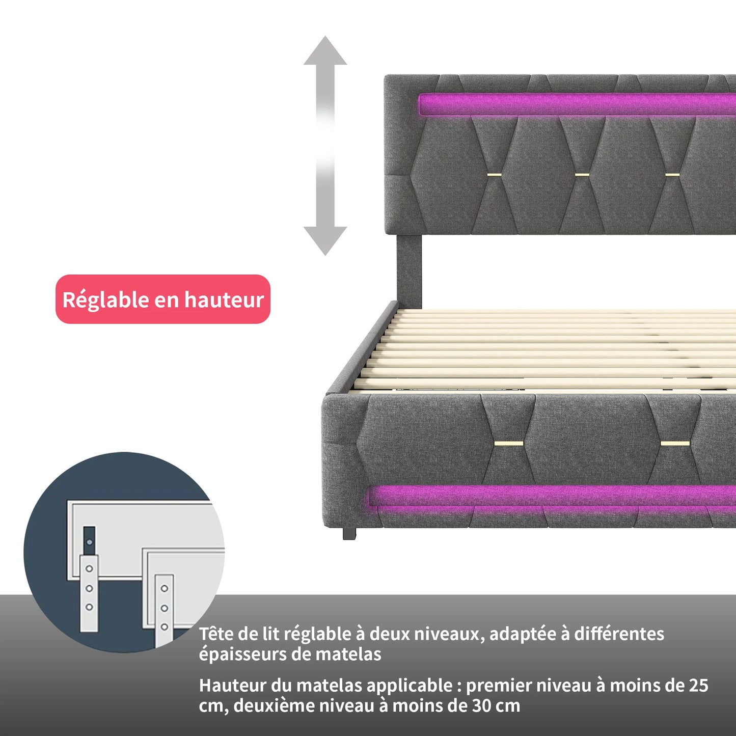 Gestoffeerd Tweepersoonsbed – 140 x 200 cm – Bedframe – Slaapbank – Opbergbed – Led Bed – Verstelbaar Hoofdeinde – USB Oplaadpoort – 4 Lade Opbergruimte – Dimbare LED-verlichting