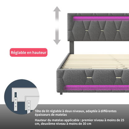 Gestoffeerd Tweepersoonsbed – 140 x 200 cm – Bedframe – Slaapbank – Opbergbed – Led Bed – Verstelbaar Hoofdeinde – USB Oplaadpoort – 4 Lade Opbergruimte – Dimbare LED-verlichting