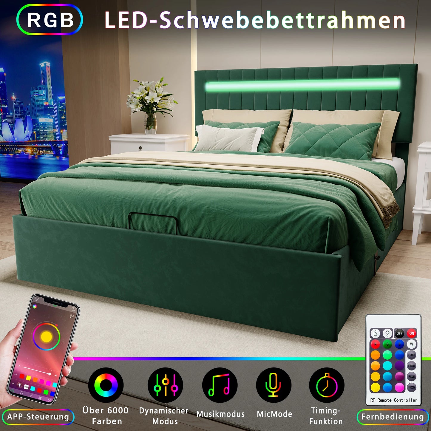bedframe – tweepersoonsbed – jeugdbed – gastenbed – gestoffeerd bed – 160x200 cm – groene velvet stof – LED sfeerverlichting – USB oplaadpoort – opbergruimte