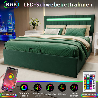bedframe – tweepersoonsbed – jeugdbed – gastenbed – gestoffeerd bed – 160x200 cm – groene velvet stof – LED sfeerverlichting – USB oplaadpoort – opbergruimte