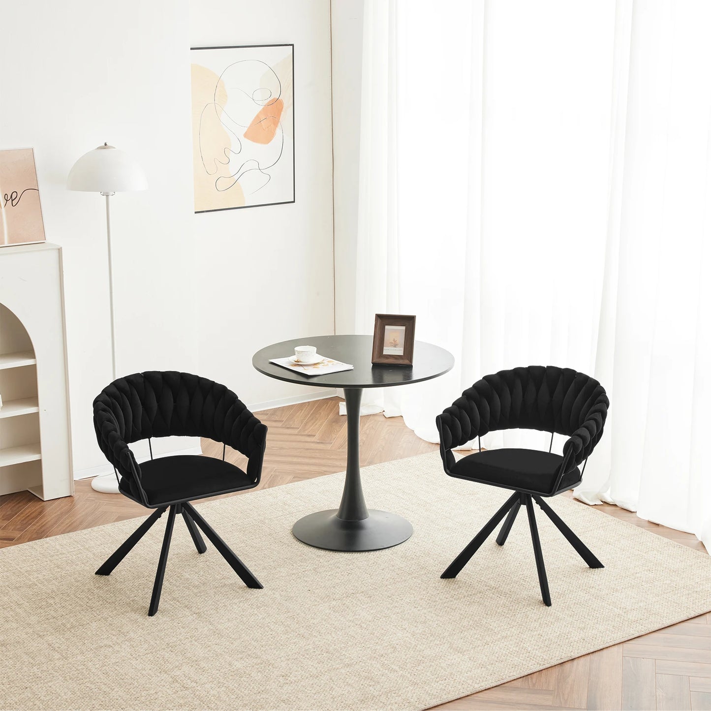 Draaibare Eetkamerstoelen - Moderne Fluwelen - Gestoffeerde Stoelen met Armleuning - Gewatteerd Comfort - Stoelen voor Keuken - Woonkamer of Slaapkamer - Set van 2 - Zwart